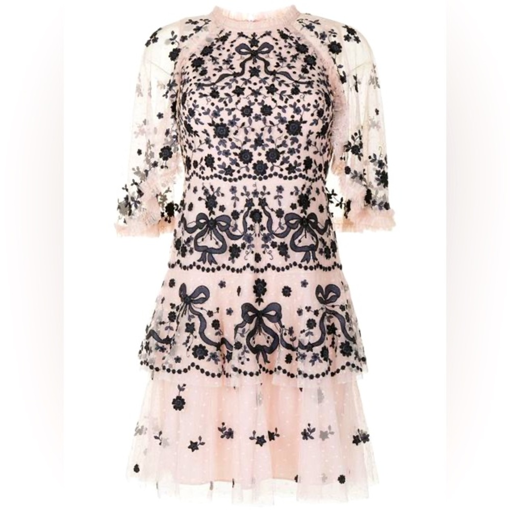 Needle & Thread mesh tulle embroidered dress ballet bow floral cape rushed